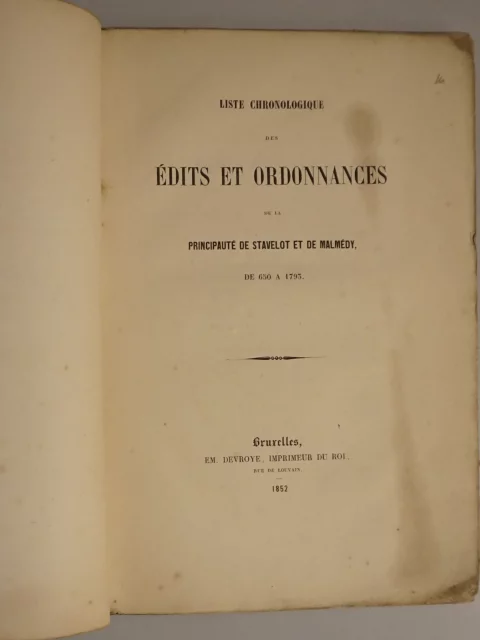 Liste chronologique des édits et ordonnances de la principauté de Stavelot et de Malmédy de 650 à 1793