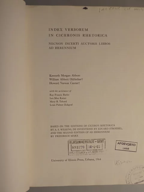 Index Verborum in Ciceronis Rhetorica, necnon incerti auctoris libros ad herennium