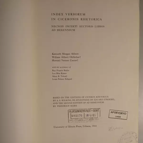 Index Verborum in Ciceronis Rhetorica, necnon incerti auctoris libros ad herennium